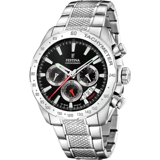 Pánské hodinky Festina TIMELESS CHRONOGRAPH F20668/4 – černý ciferník ocelový náramek – pohled zepředu