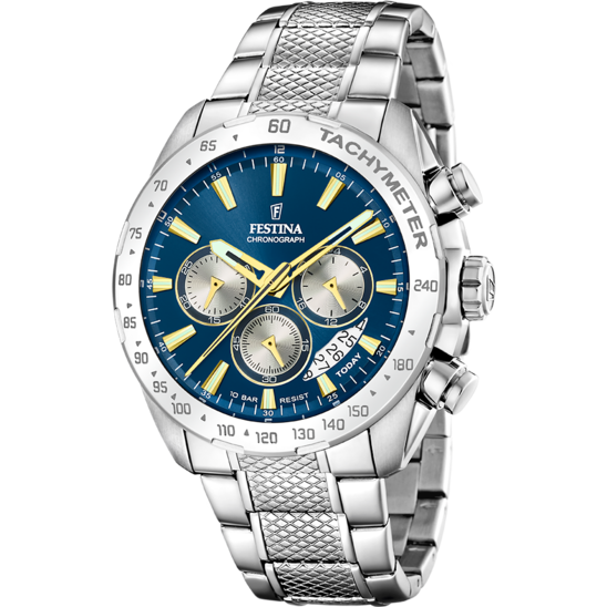 Pánské hodinky Festina TIMELESS CHRONOGRAPH F20668/5 – ocelový náramek s modrým ciferníkem – pohled zepředu