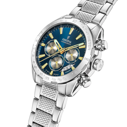 Pánské hodinky Festina TIMELESS CHRONOGRAPH F20668/5 – ocelový náramek s modrým ciferníkem – pohled z profilu
