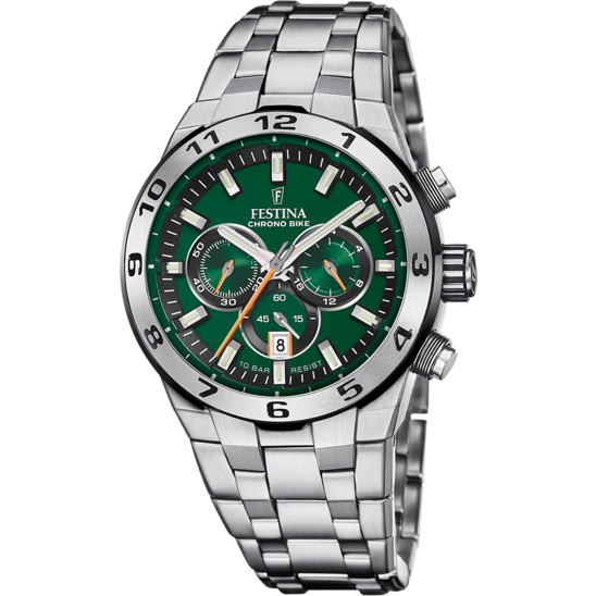Pánské hodinky Festina CHRONO BIKE F20670/2 – zelený ciferník ocelový náramek – pohled zepředu