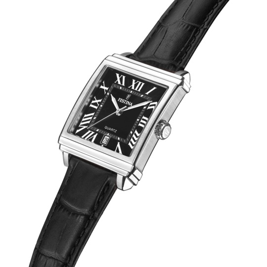 Herrklocka Festina ON THE SQUARE F20681/3 – svart läderrem med urtavla – profilvy