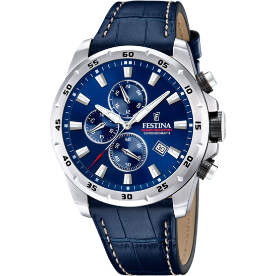 Montre homme Festina TIMELESS CHRONOGRAPH F20692/2 – cadran bleu bracelet cuir – vue de face