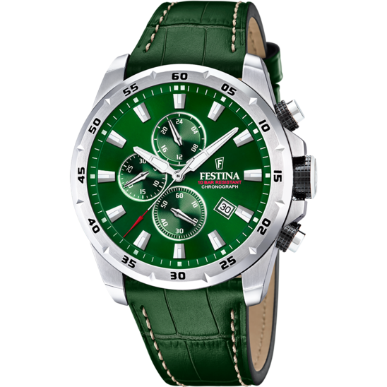 Montre homme Festina TIMELESS CHRONOGRAPH F20692/3 – cadran vert bracelet cuir – vue de face