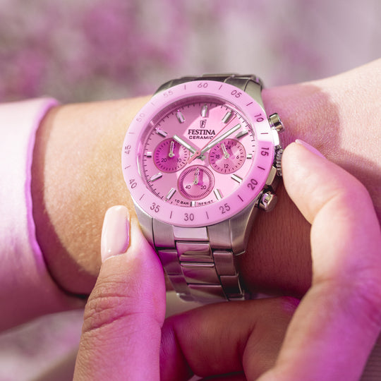 Montre mixte Festina CERAMIC F20693/2 – cadran rose bracelet acier – portée