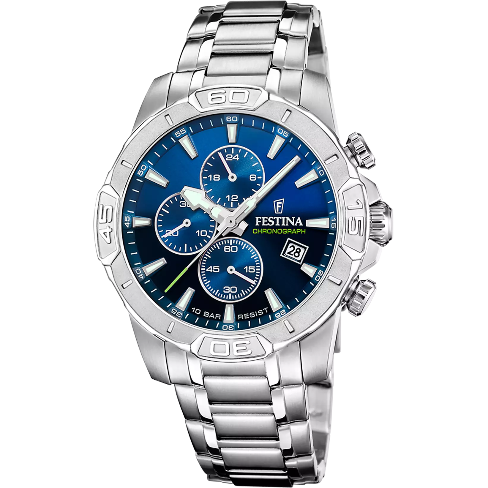 Montre homme Festina TIMELESS CHRONOGRAPH F20704/4 – cadran bleu bracelet acier – vue de face