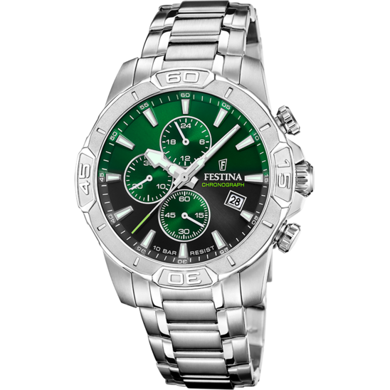 Montre homme Festina TIMELESS CHRONOGRAPH F20704/5 – cadran vert bracelet acier – vue de face