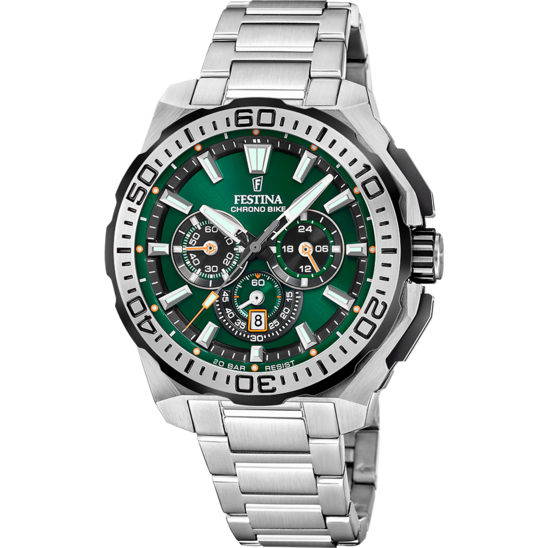 Pánské hodinky Festina CHRONO BIKE F20724/3 – zelený ciferník ocelový náramek – pohled zepředu