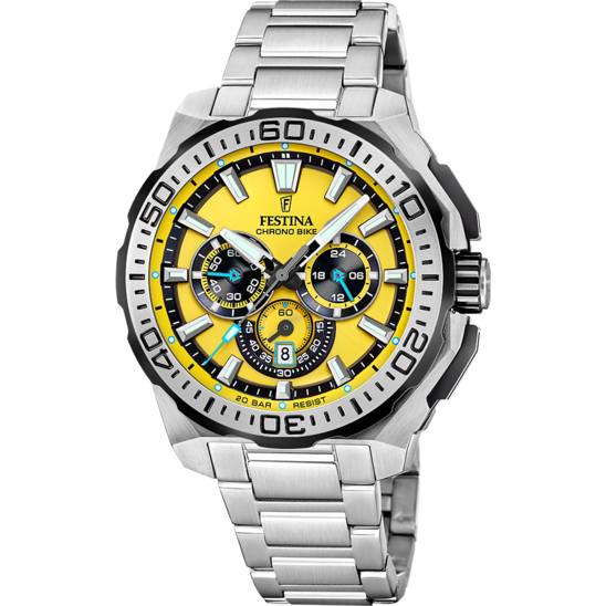 Pánské hodinky Festina CHRONO BIKE F20724/4 – ocelový náramek se žlutým ciferníkem – pohled zepředu