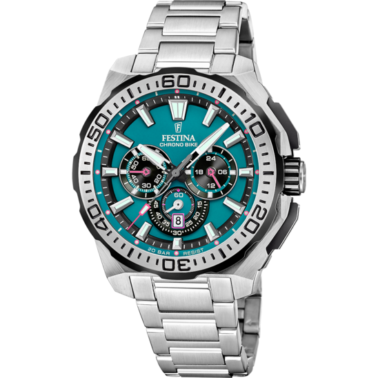 Pánské hodinky Festina CHRONO BIKE F20724/6 – zelený ciferník ocelový náramek – pohled zepředu