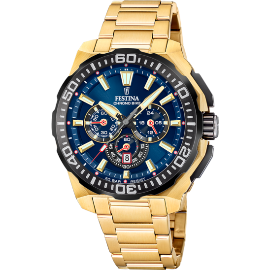 Pánské hodinky Festina CHRONO BIKE F20727/1 – ocelový náramek s modrým ciferníkem – pohled zepředu