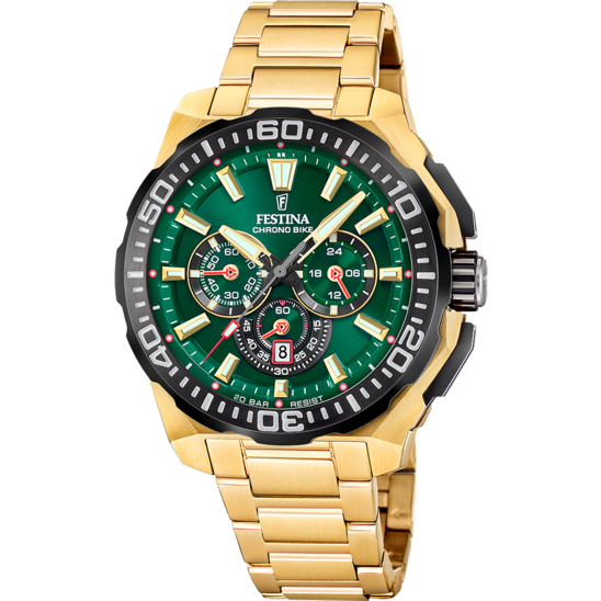 Pánské hodinky Festina CHRONO BIKE F20727/2 – zelený ciferník ocelový náramek – pohled zepředu