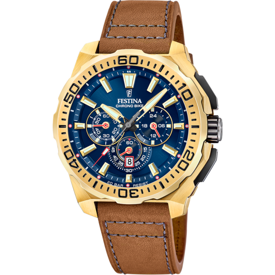 Pánské hodinky Festina CHRONO BIKE F20728/1 – kožený pásek s modrým ciferníkem – pohled zepředu