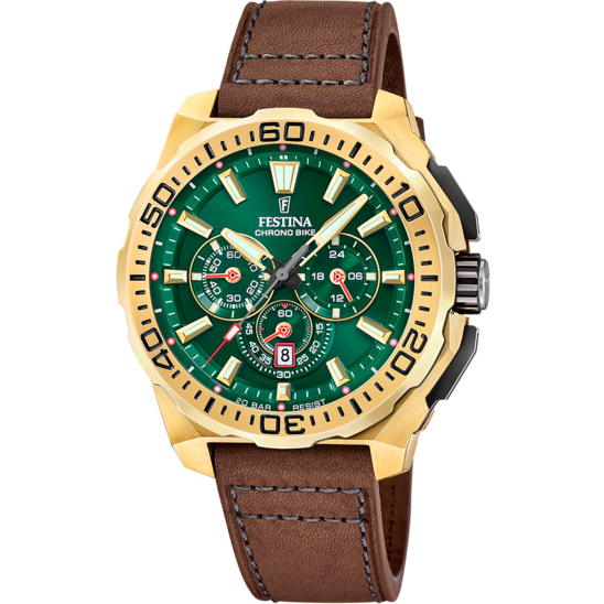 Pánské hodinky Festina CHRONO BIKE F20728/2 – zelený ciferník kožený řemínek – pohled zepředu
