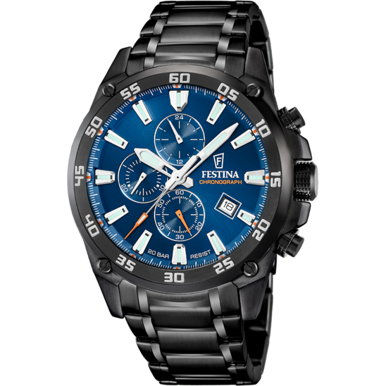 Pánské hodinky Festina TIMELESS CHRONOGRAPH F20735/1 – ocelový náramek s modrým ciferníkem – pohled zepředu