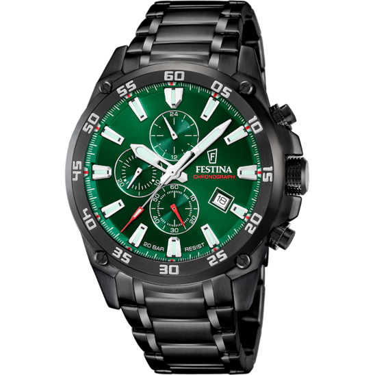 Pánské hodinky Festina TIMELESS CHRONOGRAPH F20735/2 – ocelový náramek se zeleným ciferníkem – pohled zepředu