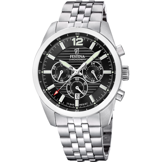 Montre homme Festina TIMELESS CHRONOGRAPH F20742/3 – cadran noir bracelet acier – vue de face