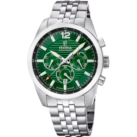 Montre homme Festina TIMELESS CHRONOGRAPH F20742/5 – cadran vert bracelet acier – vue de face
