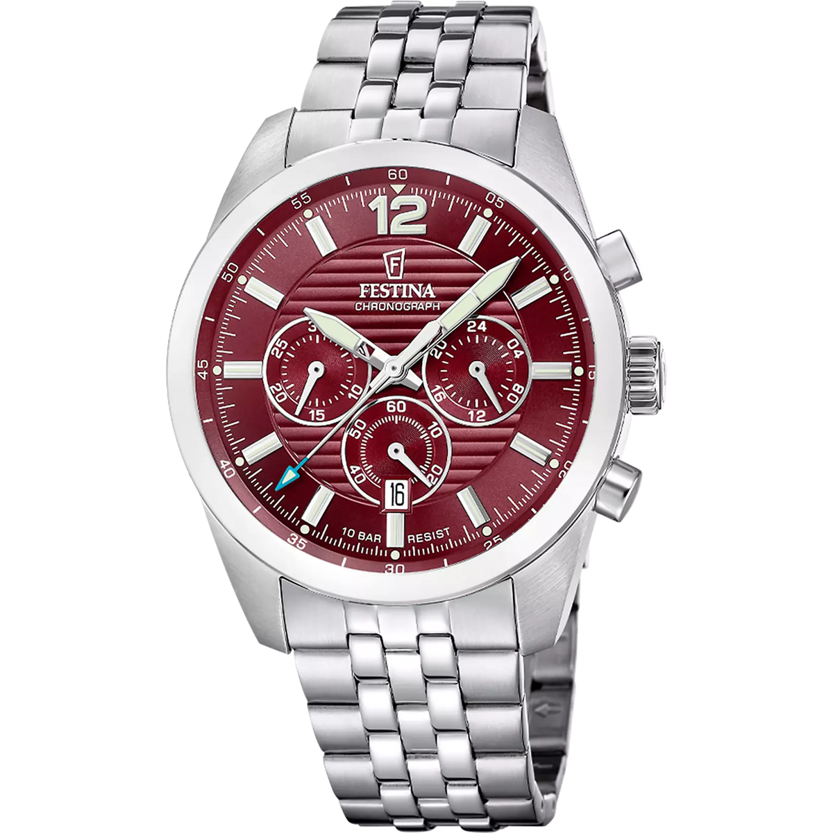 Montre homme Festina TIMELESS CHRONOGRAPH F20742/6 – cadran rouge bracelet acier – vue de face