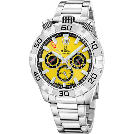 Montre homme Festina THE ORIGINALS F20743/4 – cadran jaune bracelet acier – vue de face