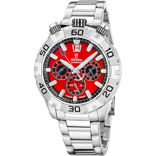 Montre homme Festina THE ORIGINALS F20743/5 – cadran rouge bracelet acier – vue de face