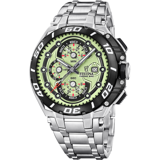 Pánské hodinky Festina CHRONO BIKE F20754/3 – světle zelený ciferník ocelový náramek – pohled zepředu