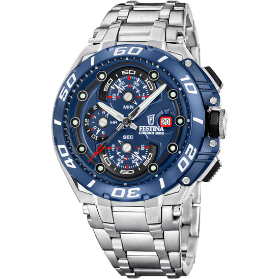 Pánské hodinky Festina CHRONO BIKE F20754/4 – ocelový náramek s modrým ciferníkem – pohled zepředu