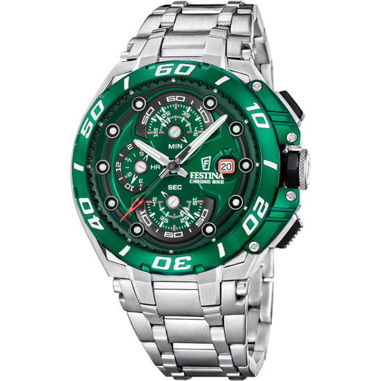 Pánské hodinky Festina CHRONO BIKE F20754/5 – ocelový náramek se zeleným ciferníkem – pohled zepředu