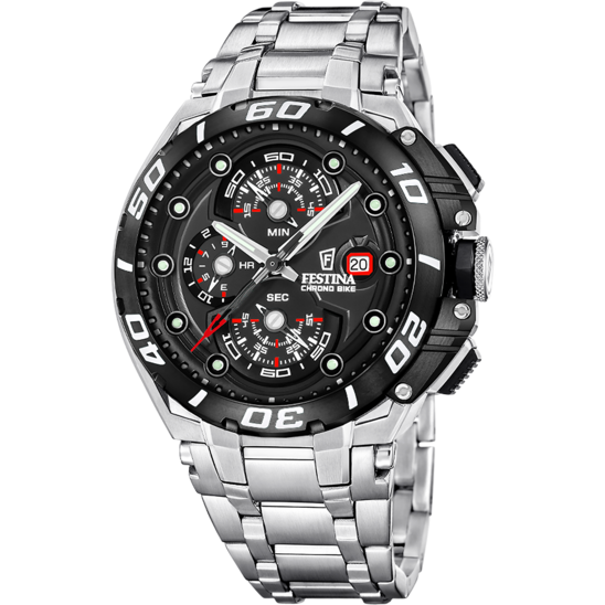 Pánské hodinky Festina CHRONO BIKE F20754/6 – ocelový náramek s černým ciferníkem – pohled zepředu