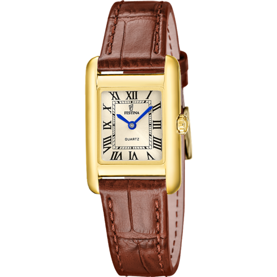 Dameshorloge Festina ON THE SQUARE F20774/2 – leren band met gouden wijzerplaat – vooraanzicht