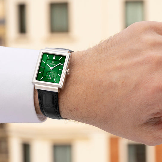 Heren horloge Festina ON THE SQUARE F20775/4 – leren band met groene wijzerplaat – bereik