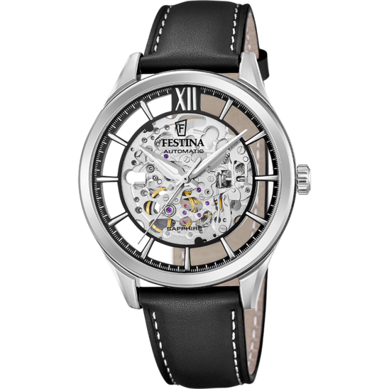 Montre homme Festina AUTOMATIC F20793/1 – cadran noir bracelet cuir – vue de face