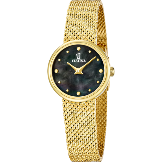 Damklocka Festina F20802/3 – svart urtavla guld stålarmband – framifrån