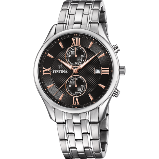 Montre homme Festina TIMELESS CHRONOGRAPH F6854/7 – cadran noir bracelet acier – vue de face