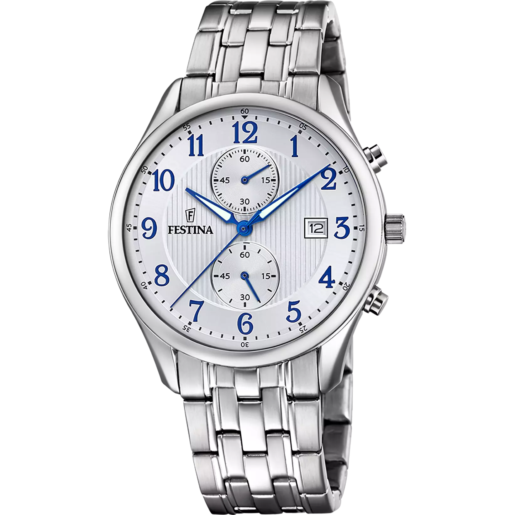 Montre homme Festina TIMELESS CHRONOGRAPH F6854/A – cadran blanc bracelet acier – vue de face