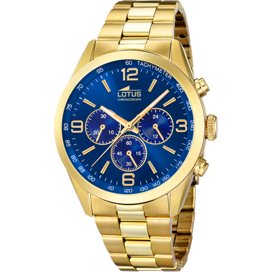 Montre homme Lotus Chrono 18153/A – cadran bleu bracelet acier doré – vue de face