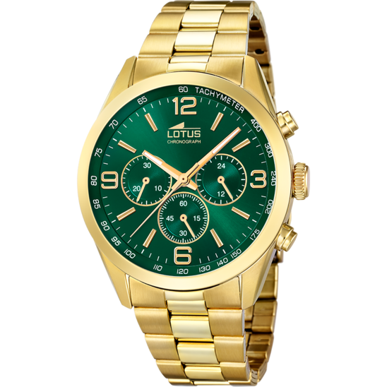 Montre homme Lotus Chrono 18153/B – cadran vert bracelet acier doré – vue de face