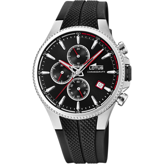Montre homme Lotus Chrono 18621/2 – cadran noir et rouge bracelet caoutchouc – vue de face