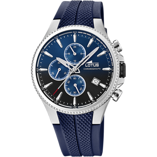 Montre homme Lotus Chrono 18621/B – cadran bleu marine bracelet plastique – vue de face