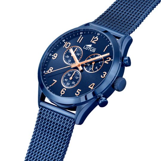 Montre homme Lotus Chrono 18638/1 – cadran bleu bracelet acier – vue de trois-quarts
