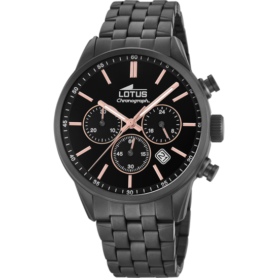 Montre homme Lotus Chrono 18668/2 – cadran noir bracelet acier noir – vue de face