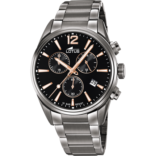 Montre homme Lotus Chrono 18682/2 – cadran noir bracelet acier – vue de face