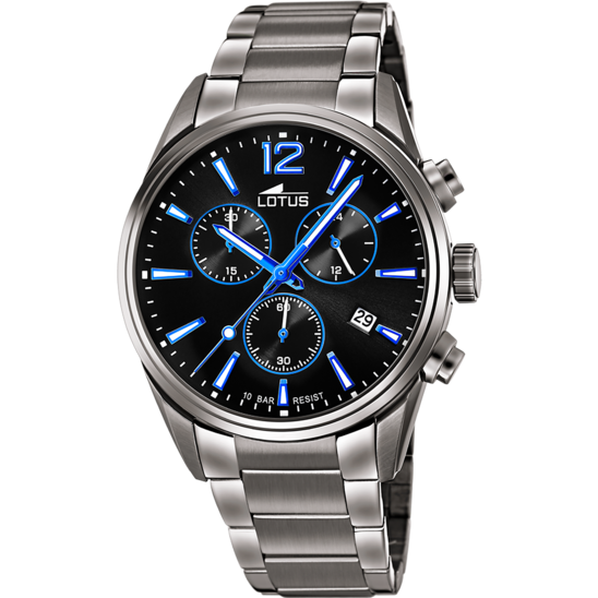 Montre homme Lotus Chrono 18682/6 – cadran noir bracelet acier – vue de face