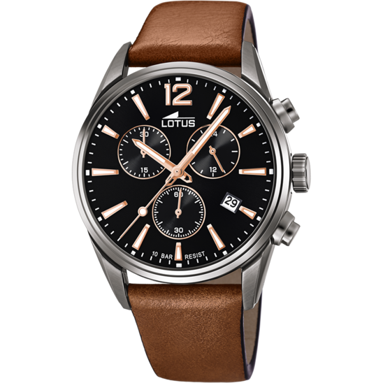 Montre homme Lotus Chrono 18683/2 – cadran noir bracelet cuir – vue de face