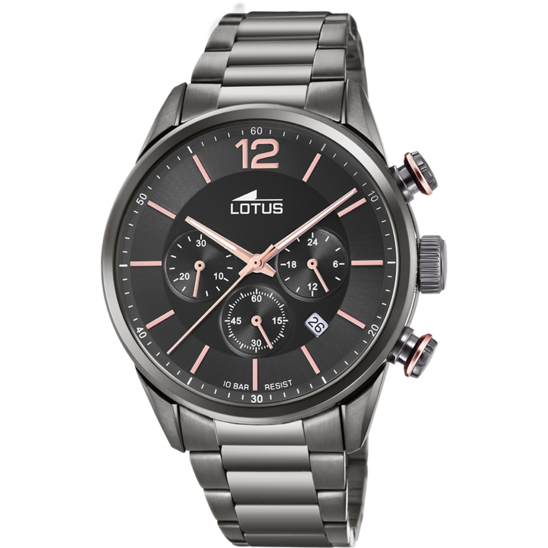 Montre homme Lotus Chrono 18686/2 – cadran noir bracelet acier – vue de face