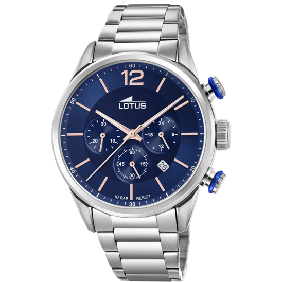 Montre homme Lotus Chrono 18688/2 – cadran bleu marine bracelet acier – vue de face