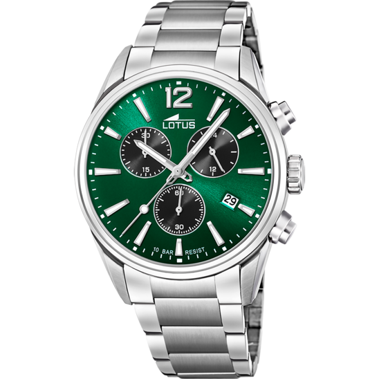 Montre homme Lotus Chrono 18690/4 – cadran vert bracelet acier – vue de face