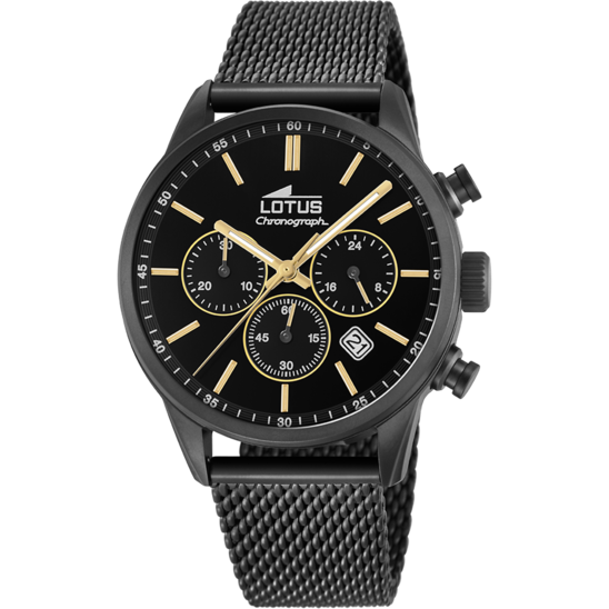 Montre homme Lotus Chrono 18700/2 – cadran noir bracelet acier noir – vue de face