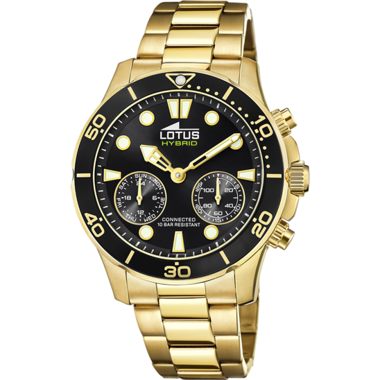 Montre connectée homme Lotus Connected 18802/2 – cadran noir bracelet acier doré – vue de face