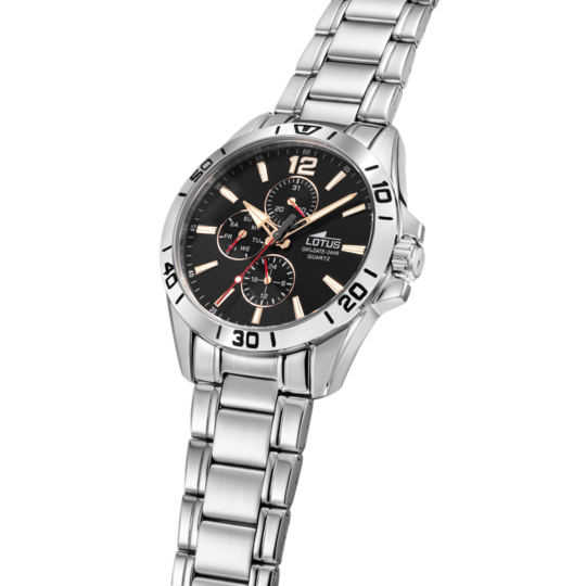 Montre homme Lotus Multifunction 18812/6 – cadran noir et bronze bracelet acier – vue de trois-quarts