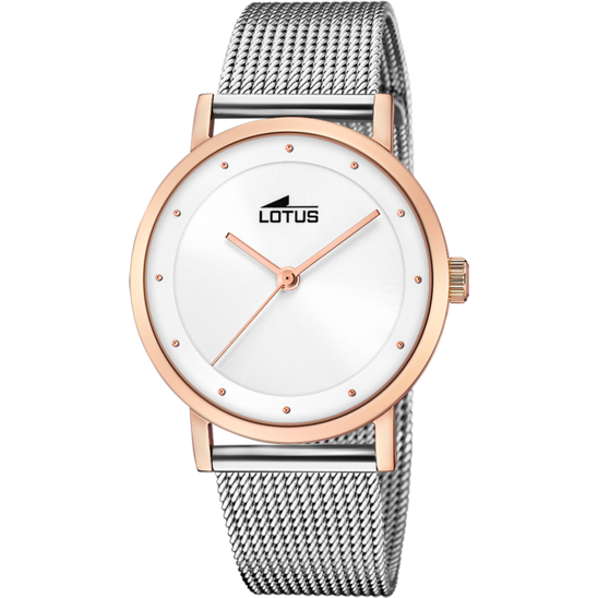 Montre femme Lotus Minimalist For Her 18879/1 – cadran blanc bracelet acier doré rose – vue de face
